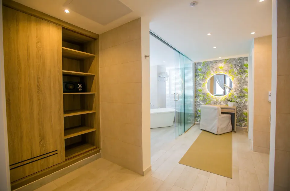 Suite dressing area and bathroom entrance at Grand Sirenis Punta Cana Resort & Aquagames.