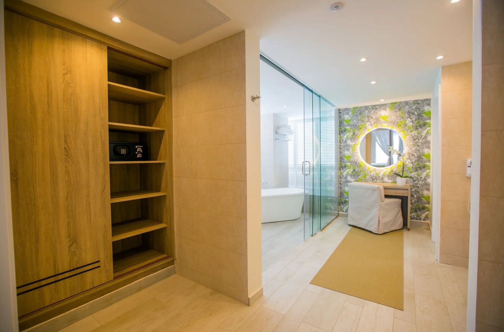 Suite dressing area and bathroom entrance at Grand Sirenis Punta Cana Resort & Aquagames.