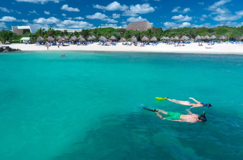 Two snorkelers swimming over clear water with resort beach and palapas in background at Grand Sirenis Riviera Maya Resort & S