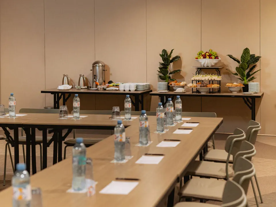 Meeting refreshment table and bottled water on conference tables at Grand Sirenis Riviera Maya Resort & Spa