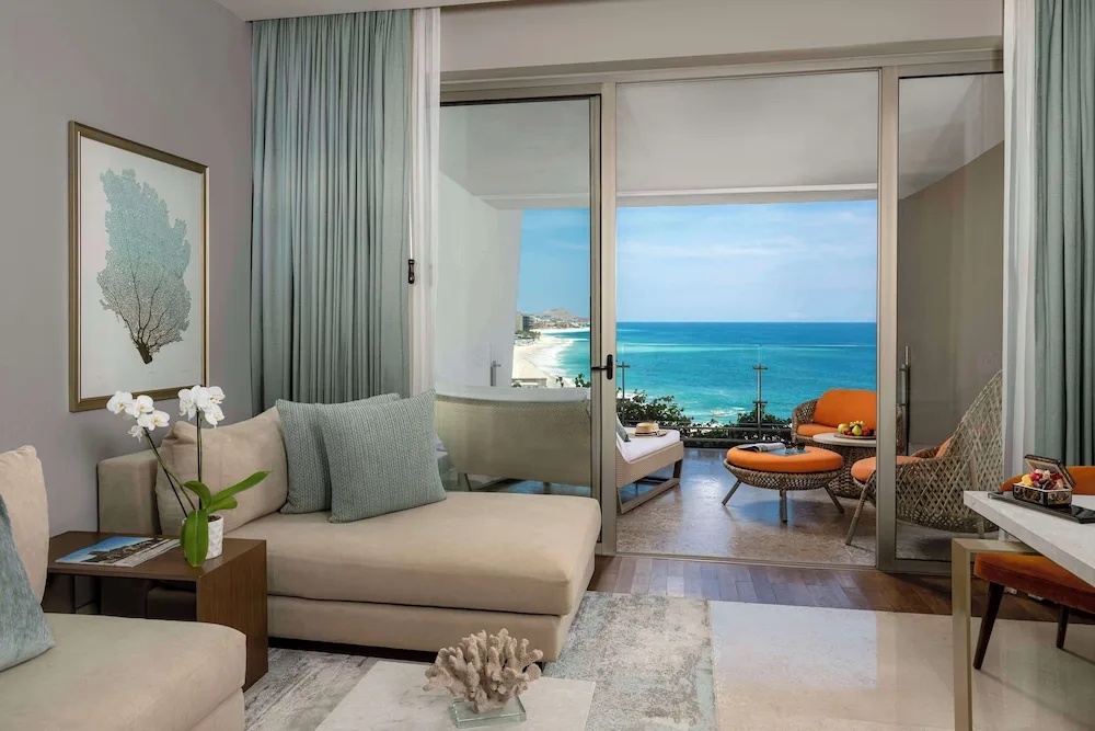Ambassador Sunrise Suite living area with ocean-view terrace at Grand Velas Los Cabos.