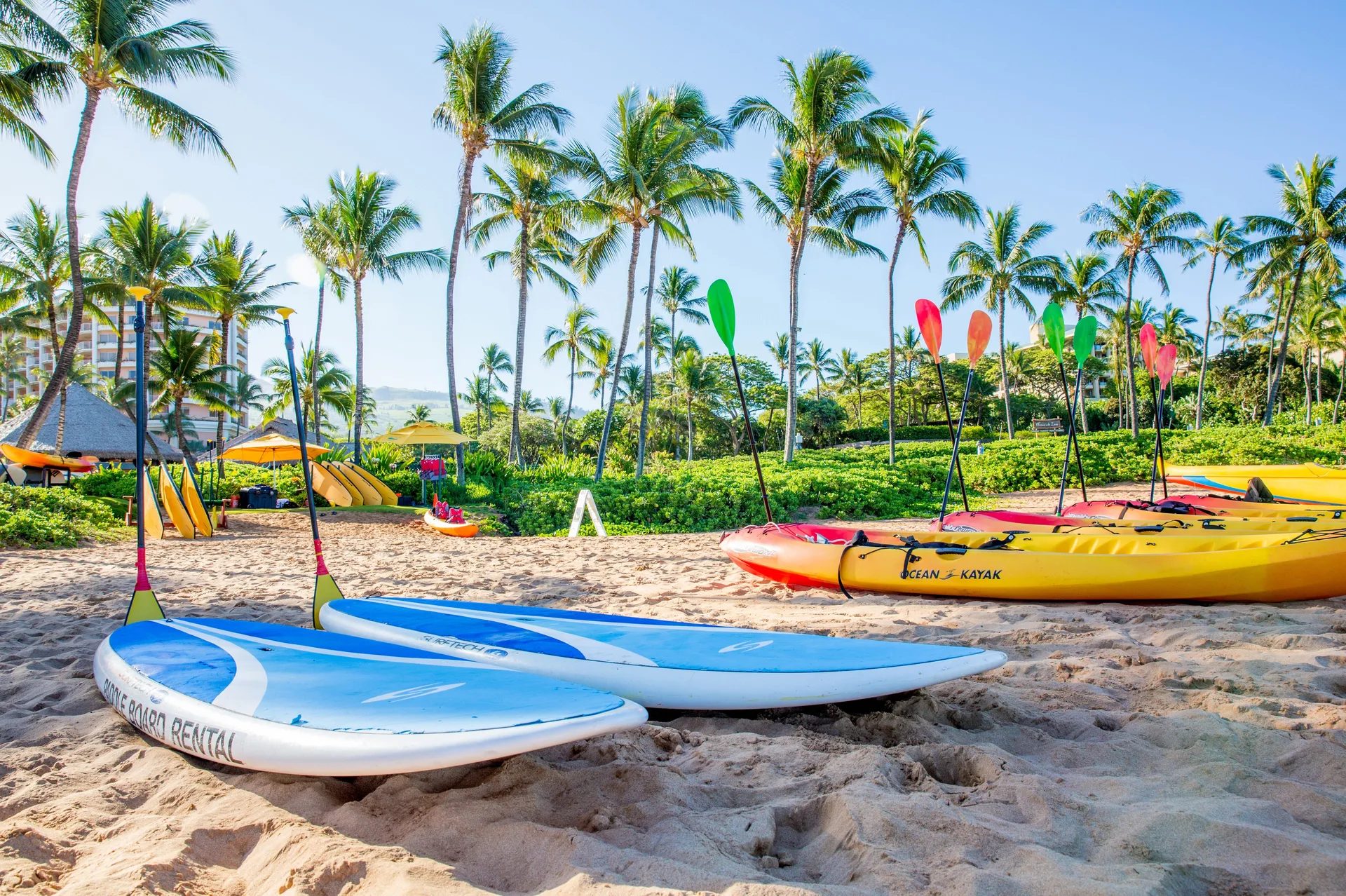 Beach paddleboards and kayaks on the sand at Grand Wailea Maui.