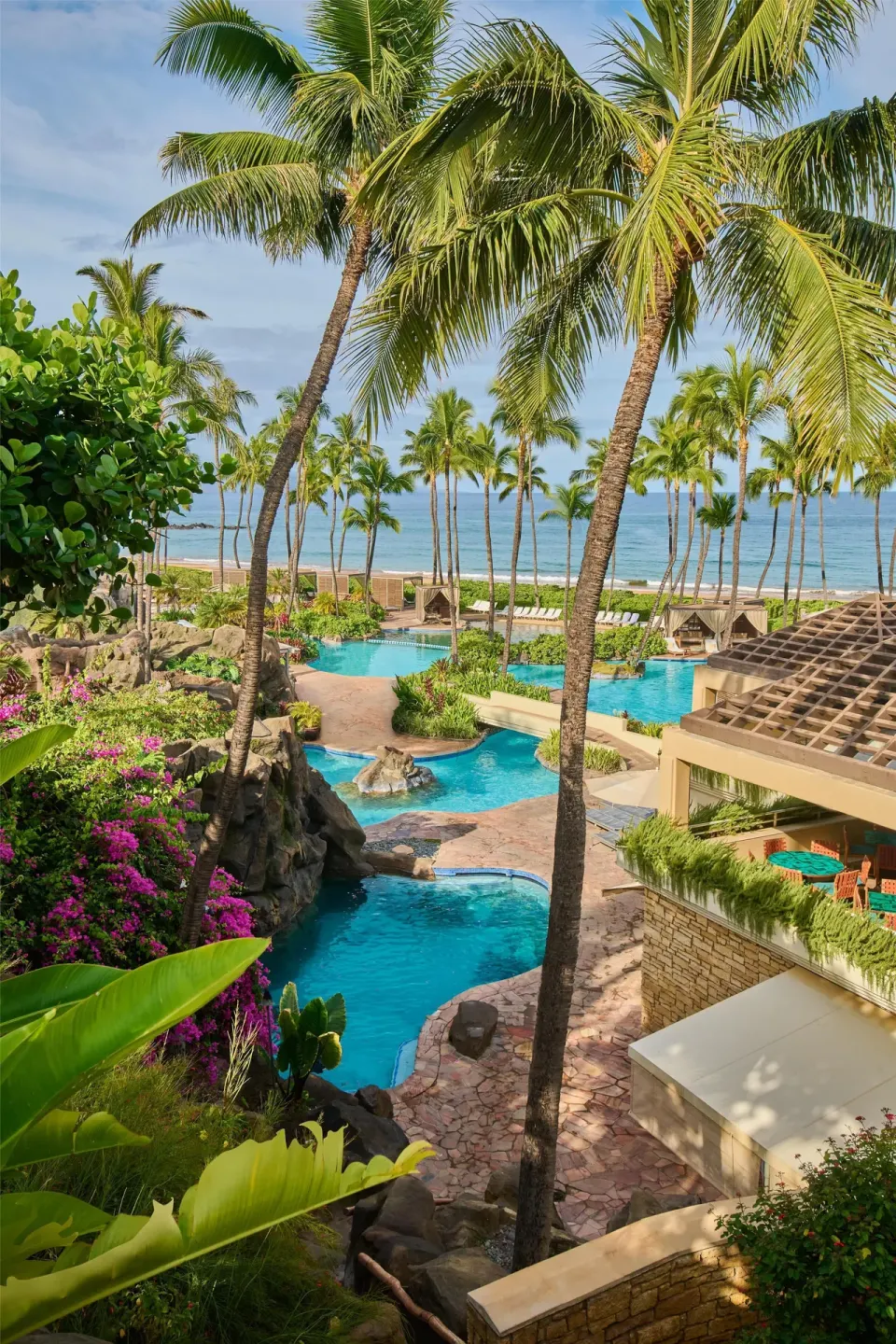 Elevated view of pools, palms, and ocean at Grand Wailea Maui.