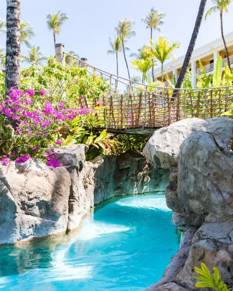 Garden pool channel with rocks, bridge and flowering plants at Grand Wailea Maui.