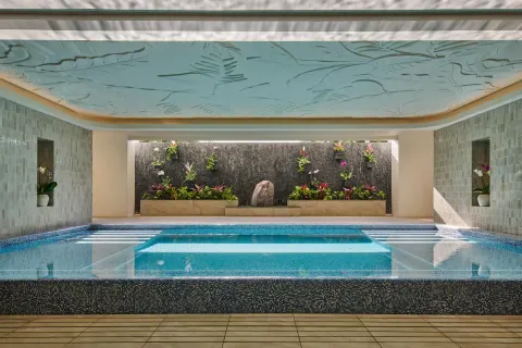 Indoor spa pool with a planted wall and carved ceiling at Grand Wailea Maui.