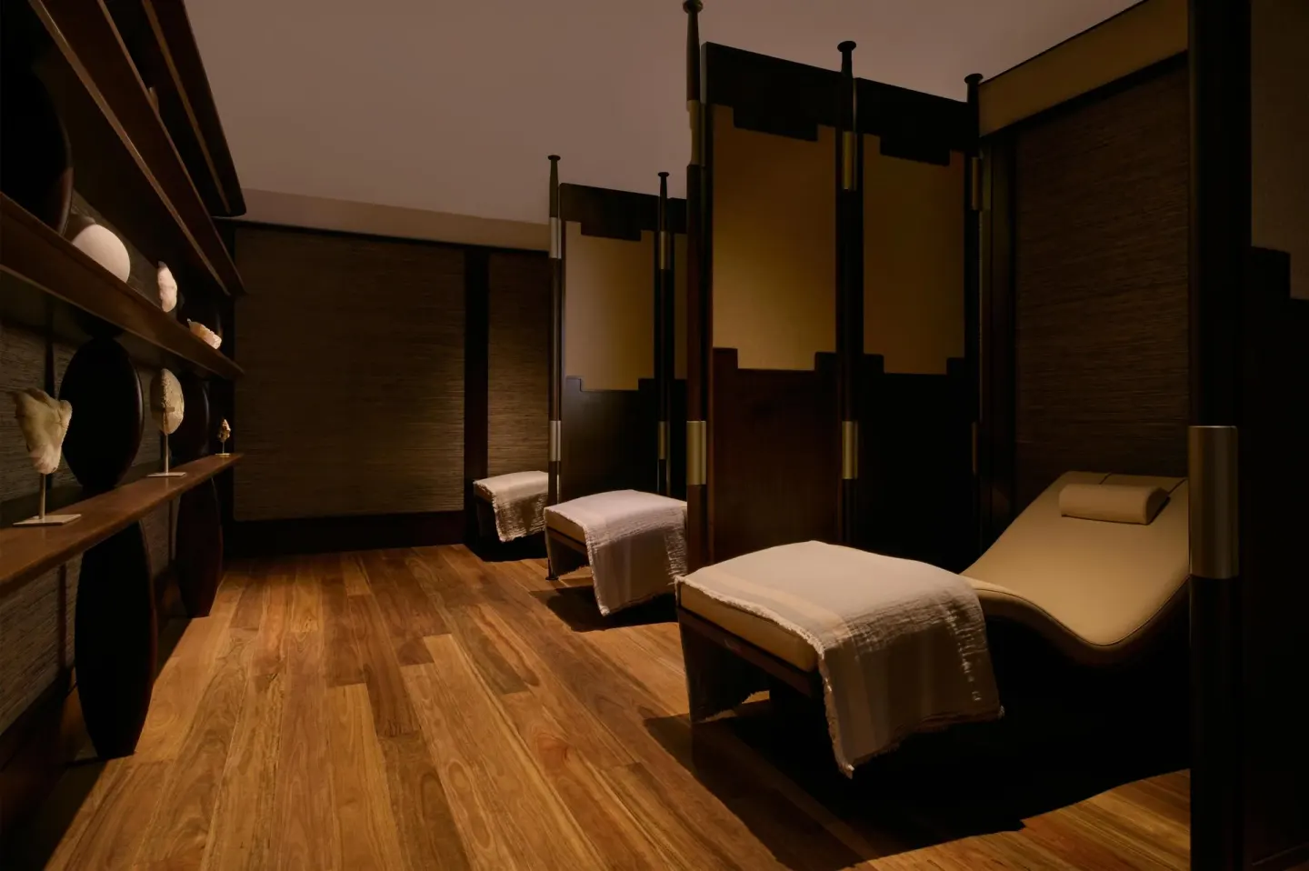 Spa relaxation loungers with privacy screens at Grand Wailea Maui.