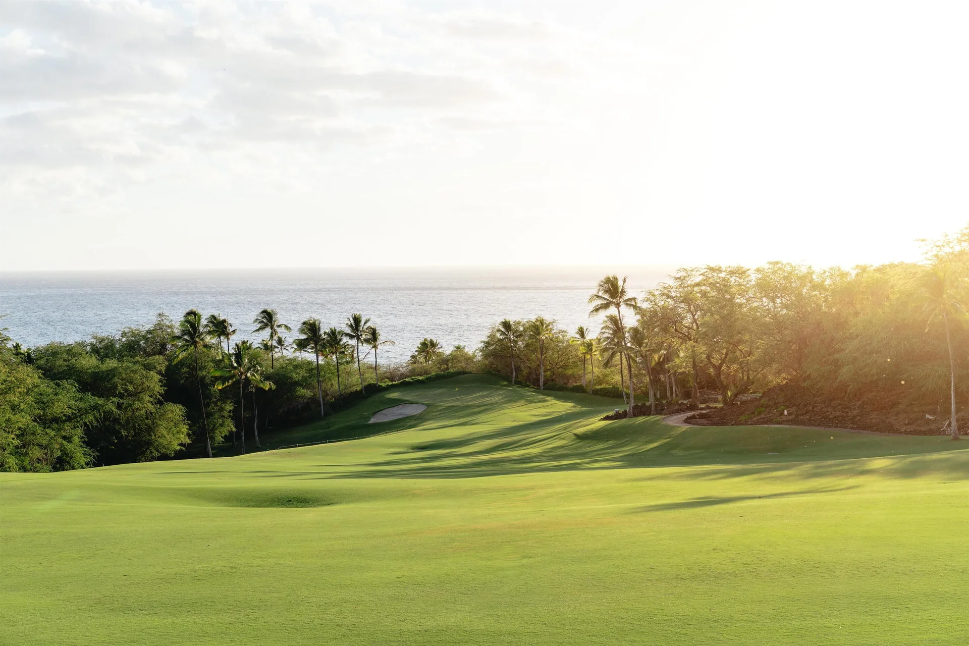 Sunlit golf fairway with palms and ocean beyond near Grand Wailea Maui.