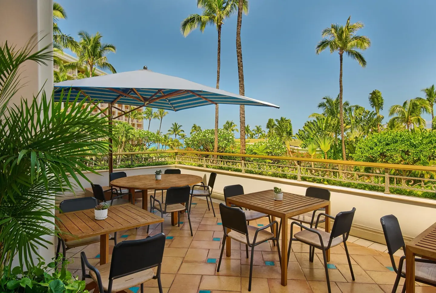 Casual terrace tables with palms and ocean beyond at Grand Wailea Maui.