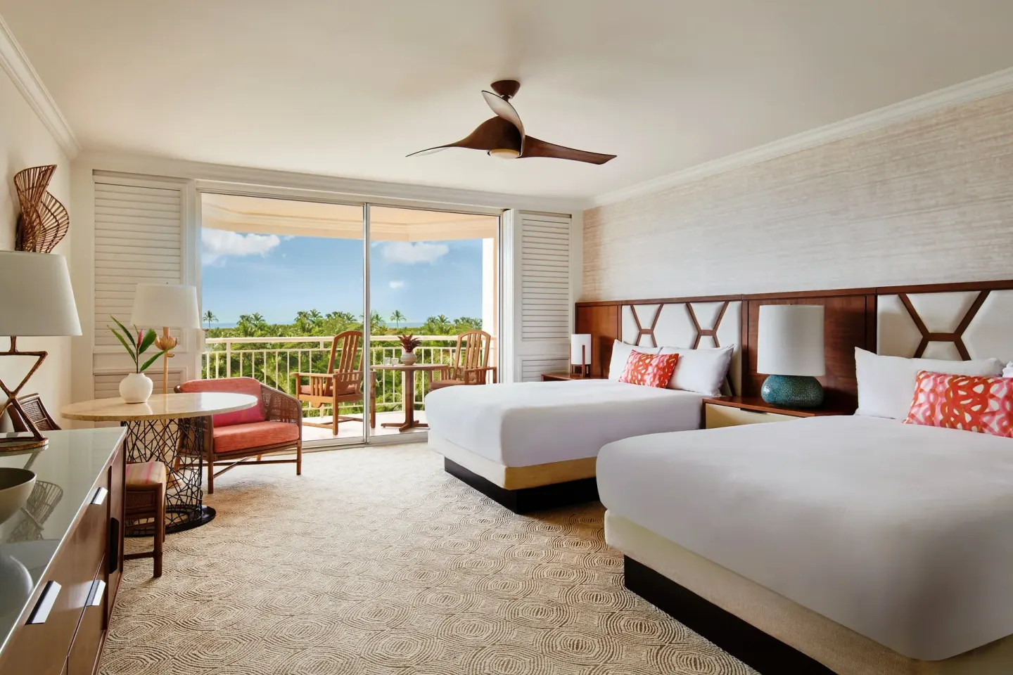 Club Room garden view with two beds and balcony seating at Grand Wailea Maui.