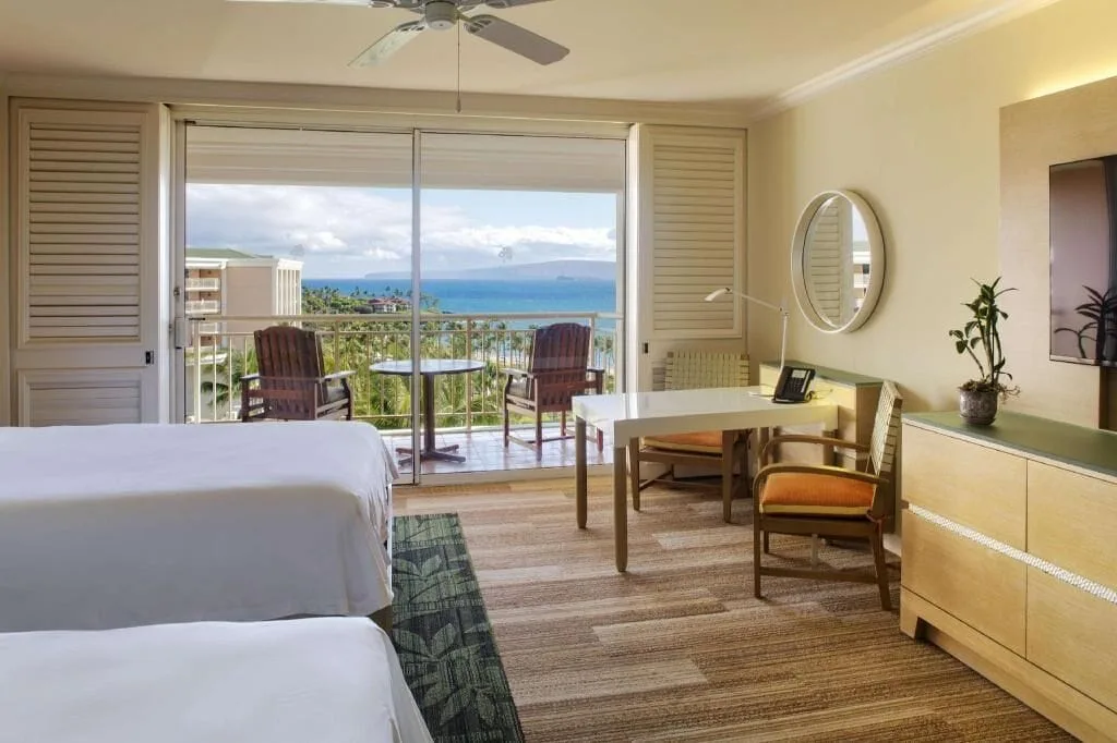 Deluxe Room Ocean View with two beds and balcony at Grand Wailea Maui.