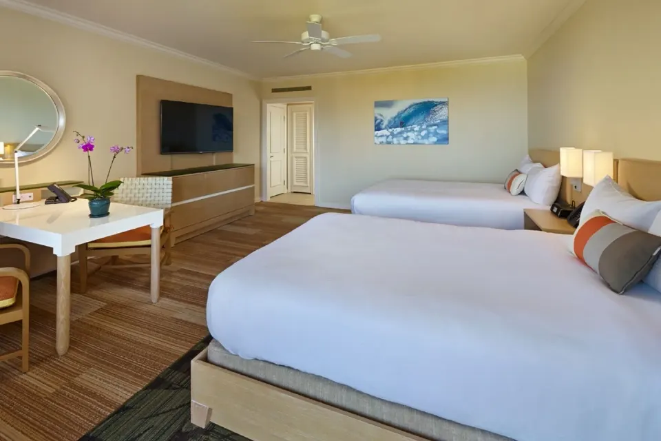 Accessible garden view room with two queen beds and desk at Grand Wailea Maui.