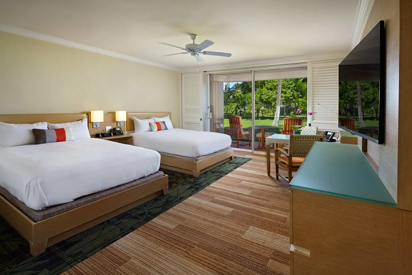 Accessible garden view room with two queen beds and lanai at Grand Wailea Maui.