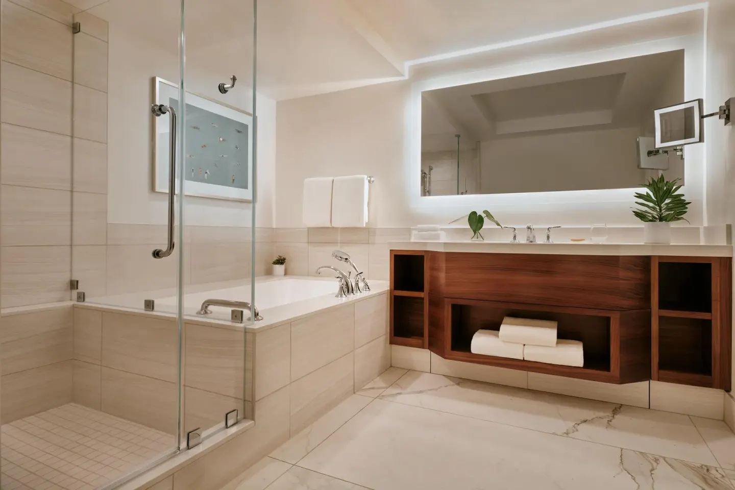 Garden View Ground Floor bathroom with glass shower and wood vanity at Grand Wailea Maui.