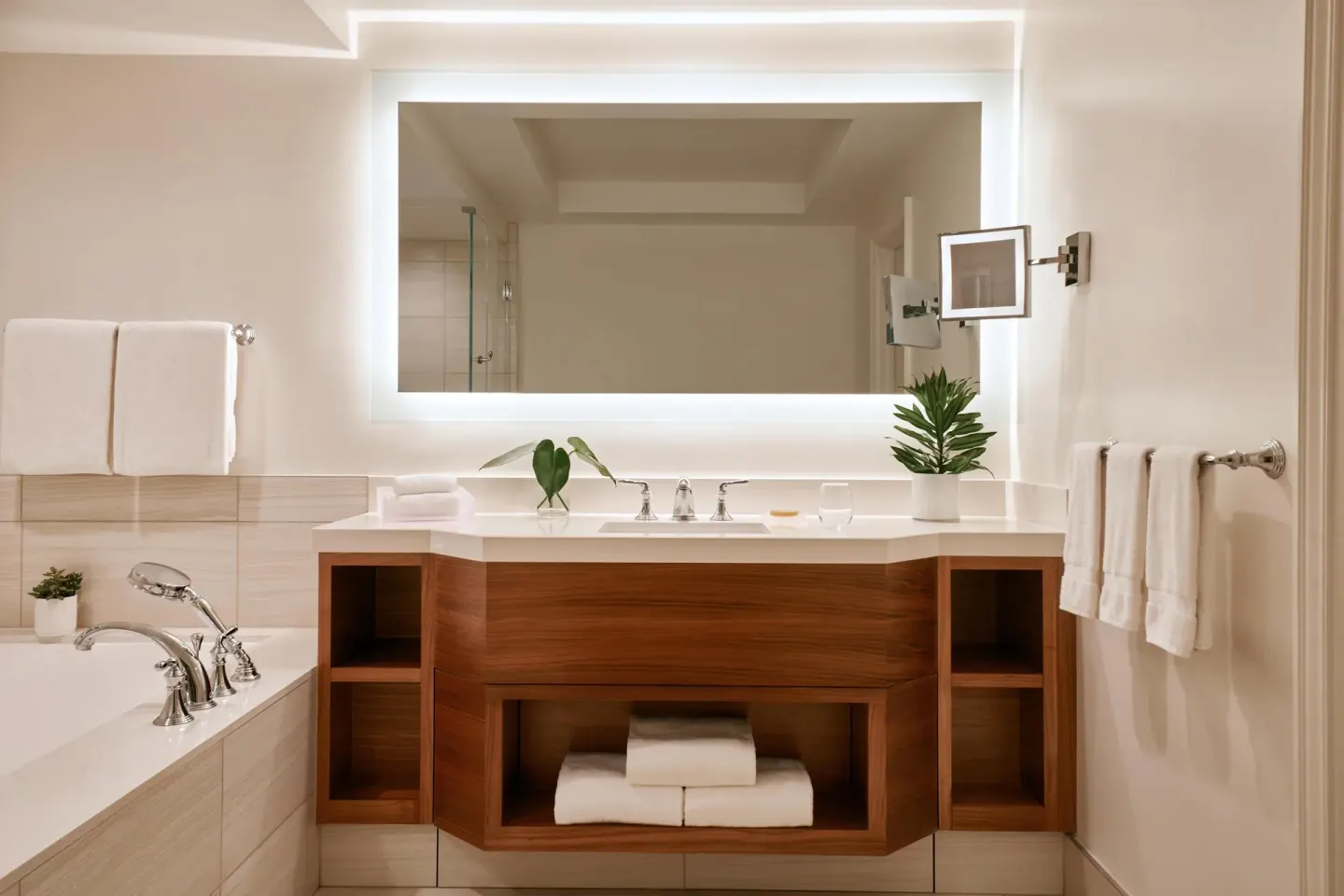 Garden View Ground Floor room vanity and bathtub at Grand Wailea Maui.