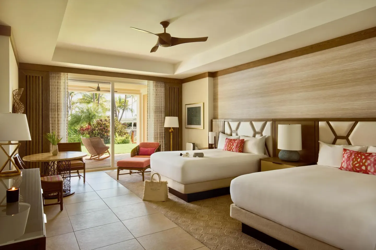 Garden View Wellness room with two beds and patio at Grand Wailea Maui.