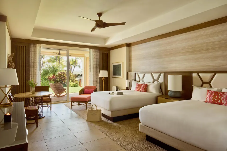 Garden View Wellness room with two beds and patio at Grand Wailea Maui.