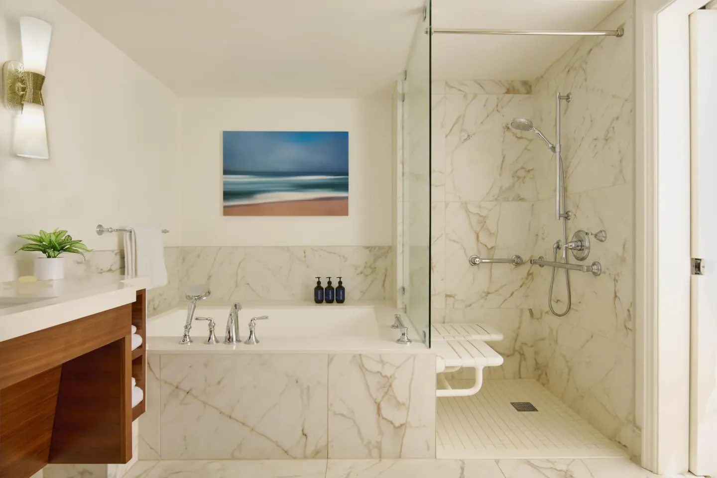 Accessible bathroom with transfer shower and soaking tub at Grand Wailea Maui.