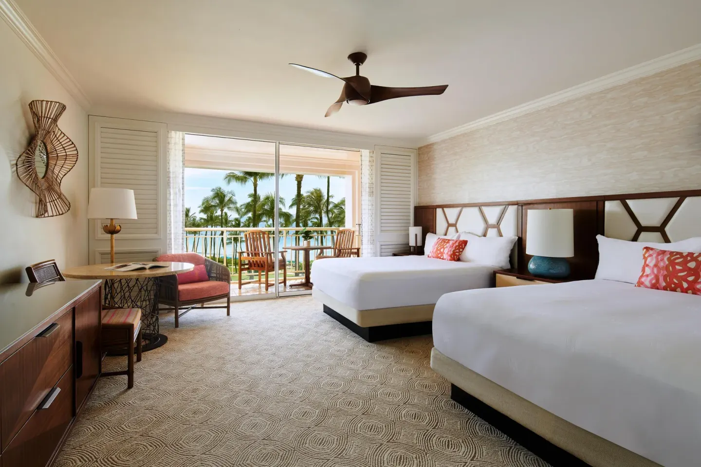Accessible ocean-view room with two beds and balcony at Grand Wailea Maui.