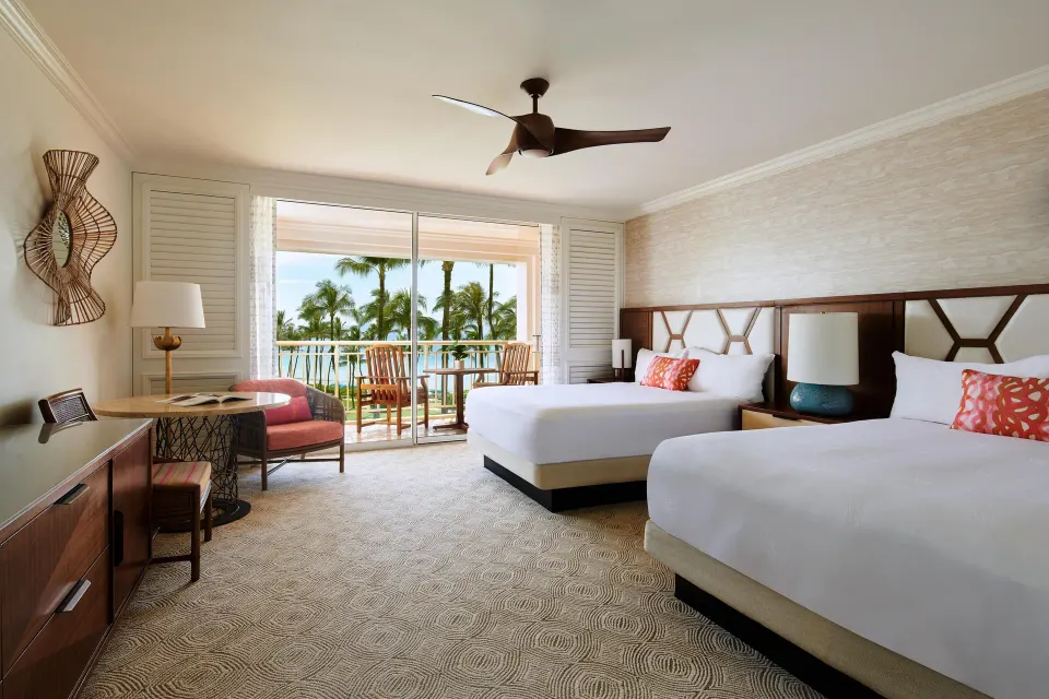 Accessible ocean-view room with two beds and balcony at Grand Wailea Maui.