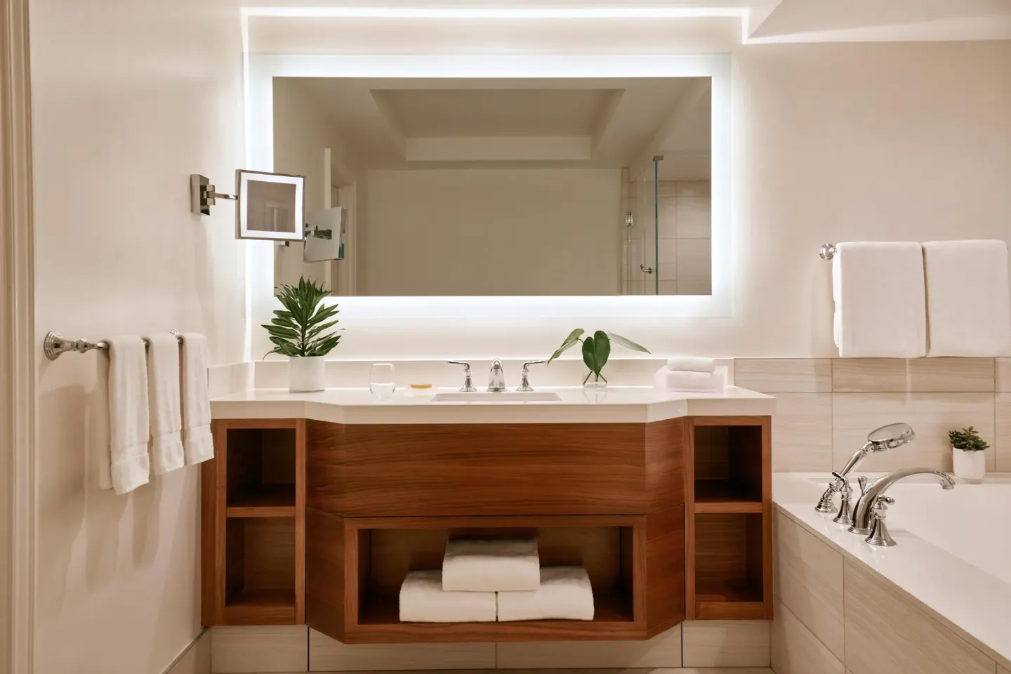 Guest bathroom vanity and soaking tub in a garden view room at Grand Wailea Maui.