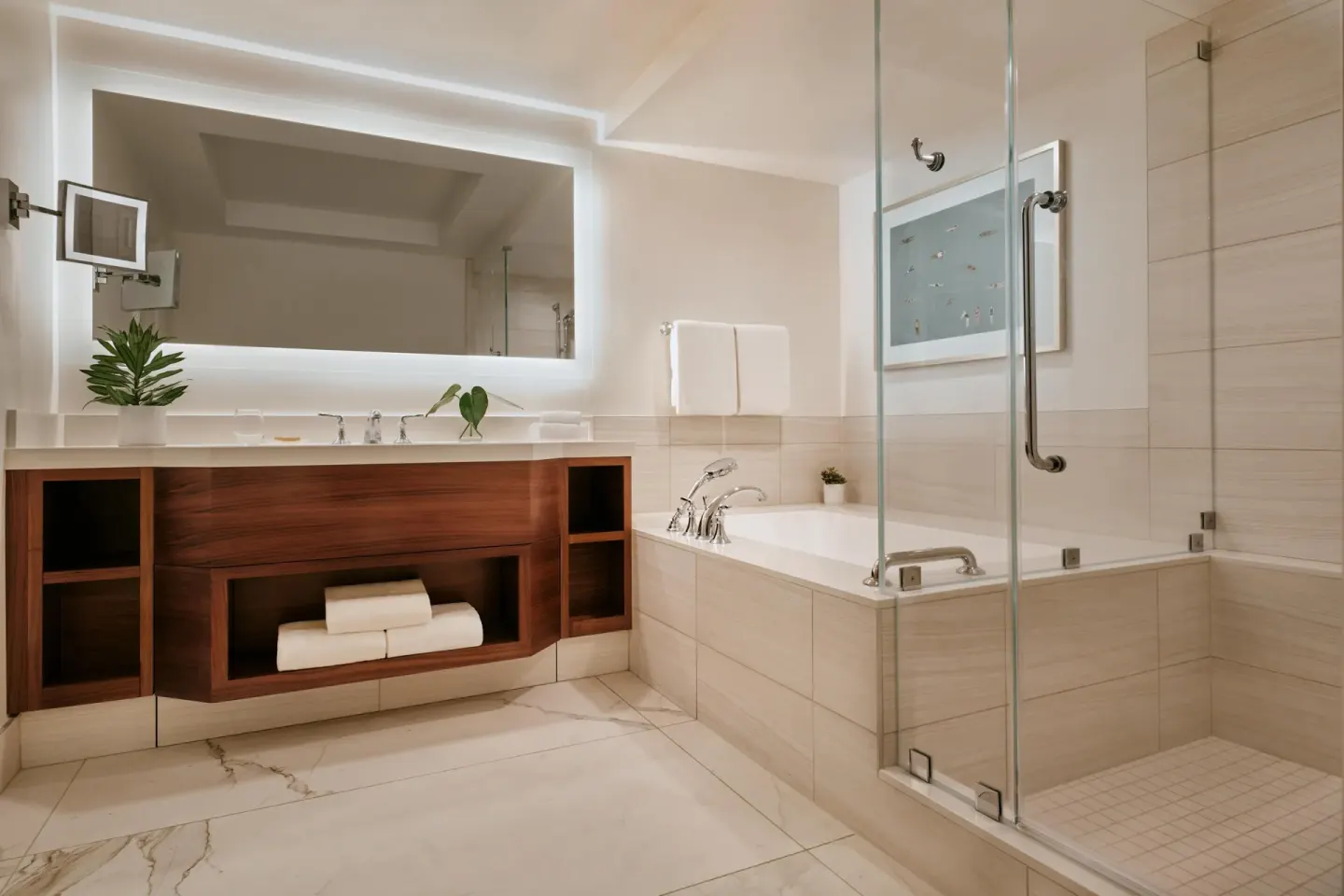 Spacious bathroom with tub, glass shower, and vanity at Grand Wailea Maui.