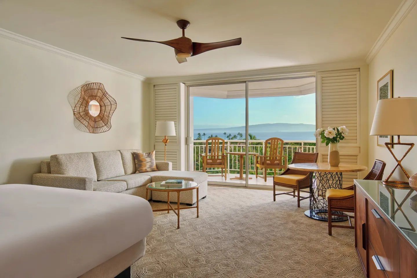 Ocean view accessible room with sofa bed and balcony at Grand Wailea Maui.