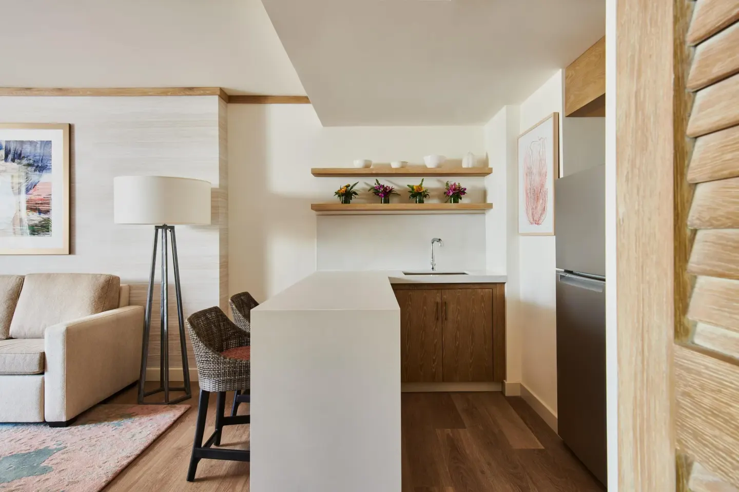 Garden view suite kitchenette and sitting area at Grand Wailea Maui.