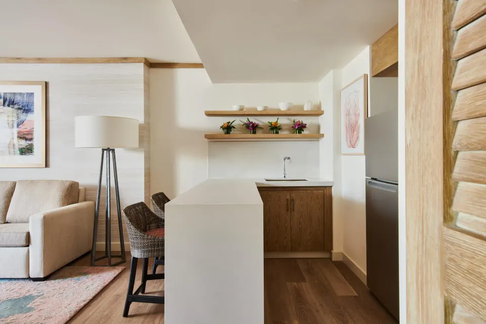 Garden view suite kitchenette and sitting area at Grand Wailea Maui.