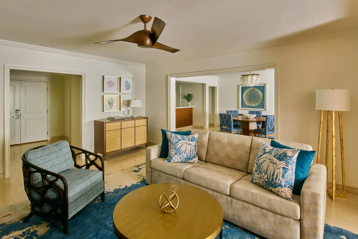 Living and dining area of a one-bedroom ocean-view suite at Grand Wailea Maui.