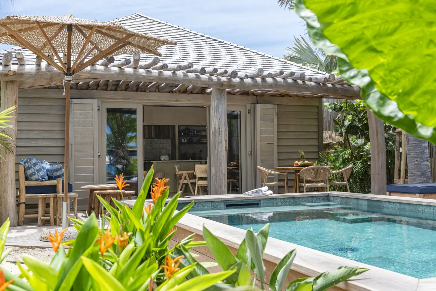 Private plunge pool and deck outside Bohemian Blue Beach House at GYP SEA Saint Barth.