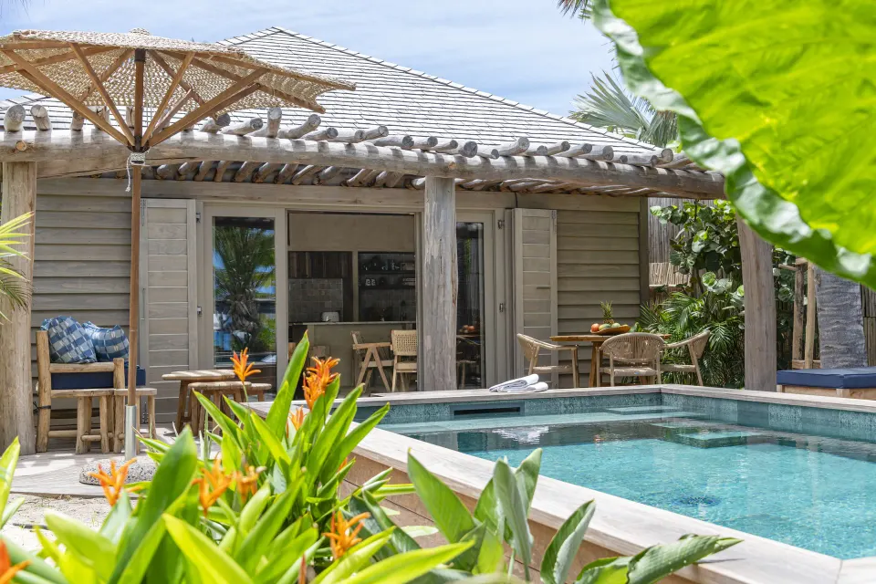 Private plunge pool and deck outside Bohemian Blue Beach House at GYP SEA Saint Barth.