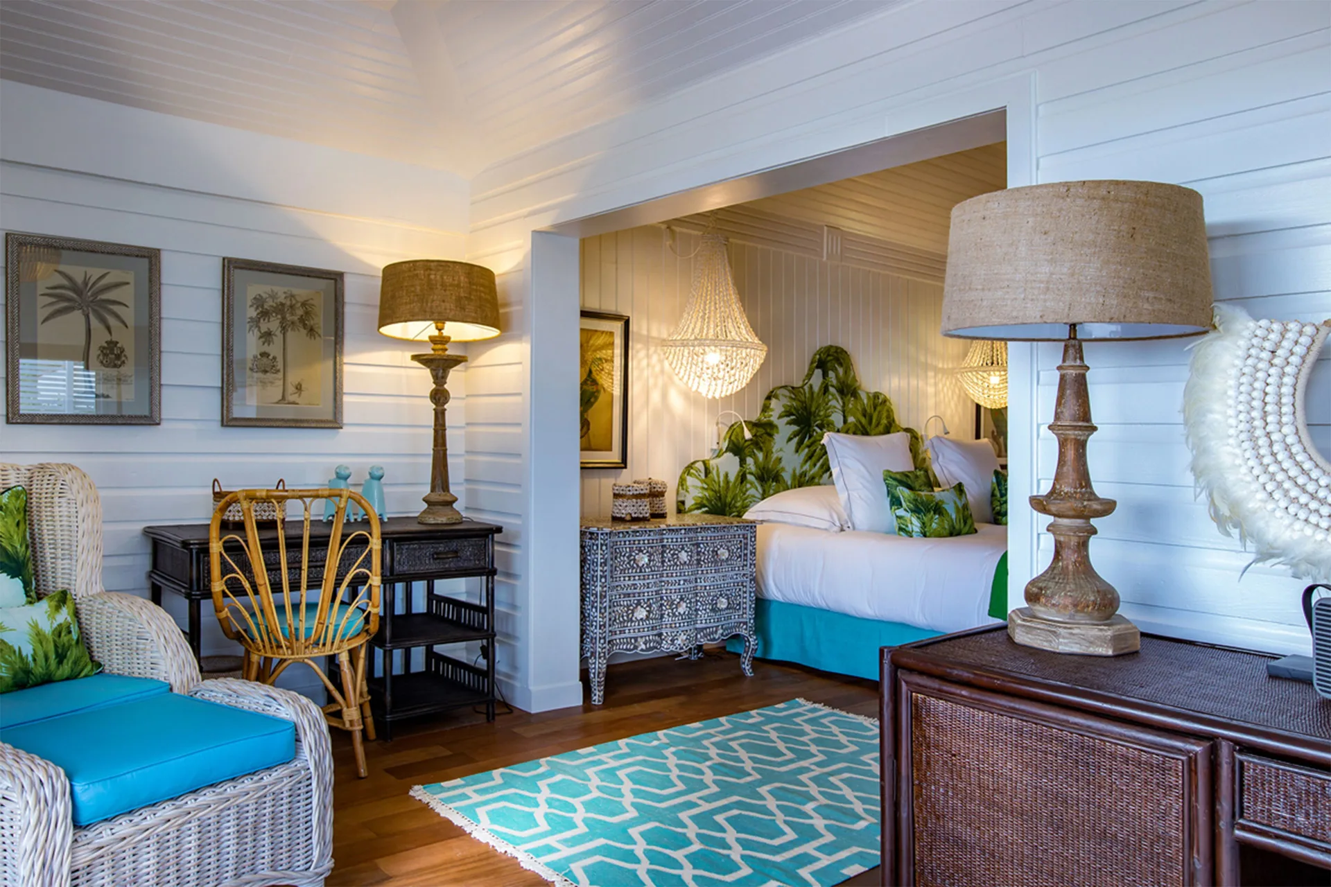 Prestige Caribbean Bungalow sitting area and king bed beyond at GYP SEA Saint Barth.