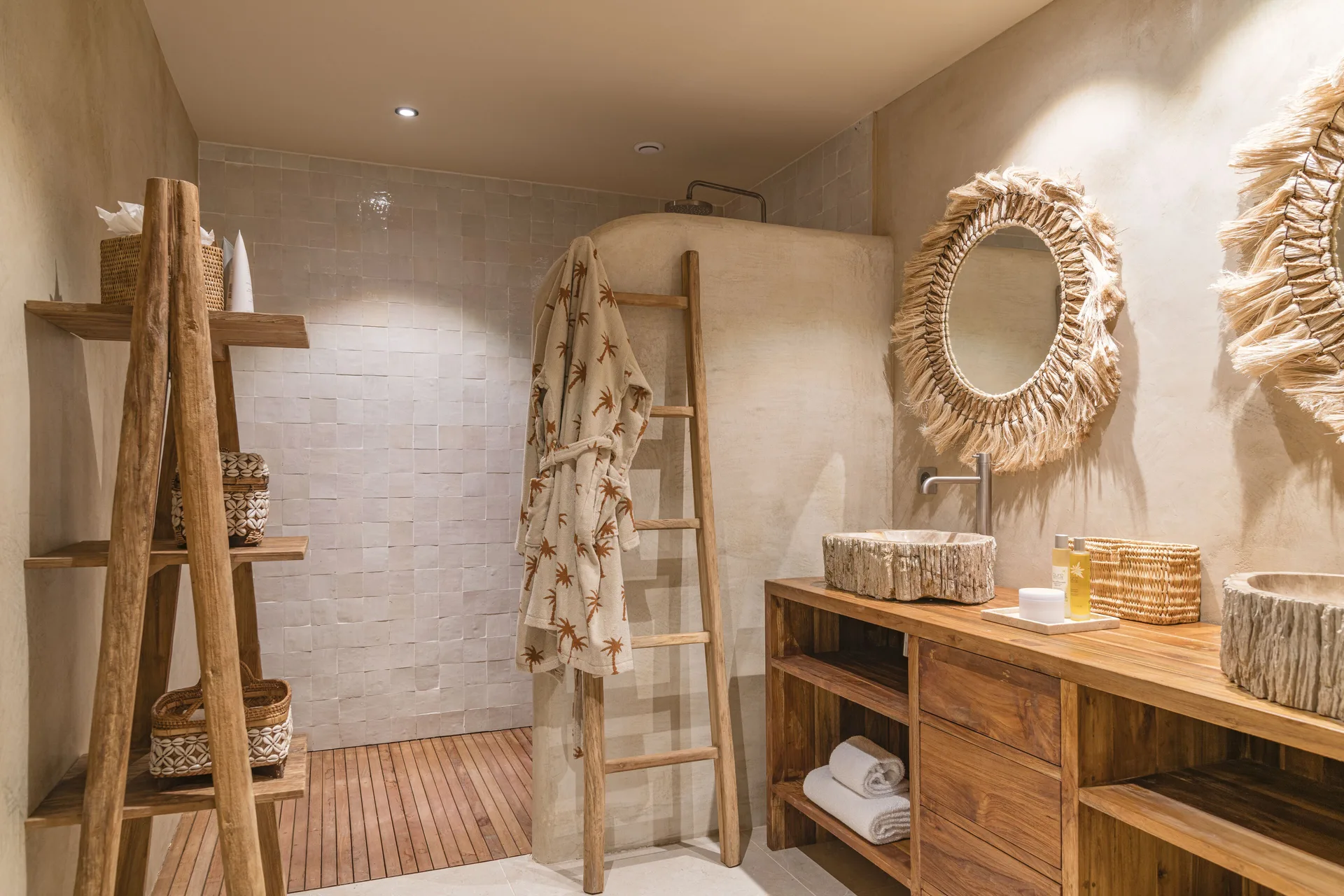 Bathroom vanity and walk-in shower at Coco Mango Beach House at GYP SEA Saint Barth.