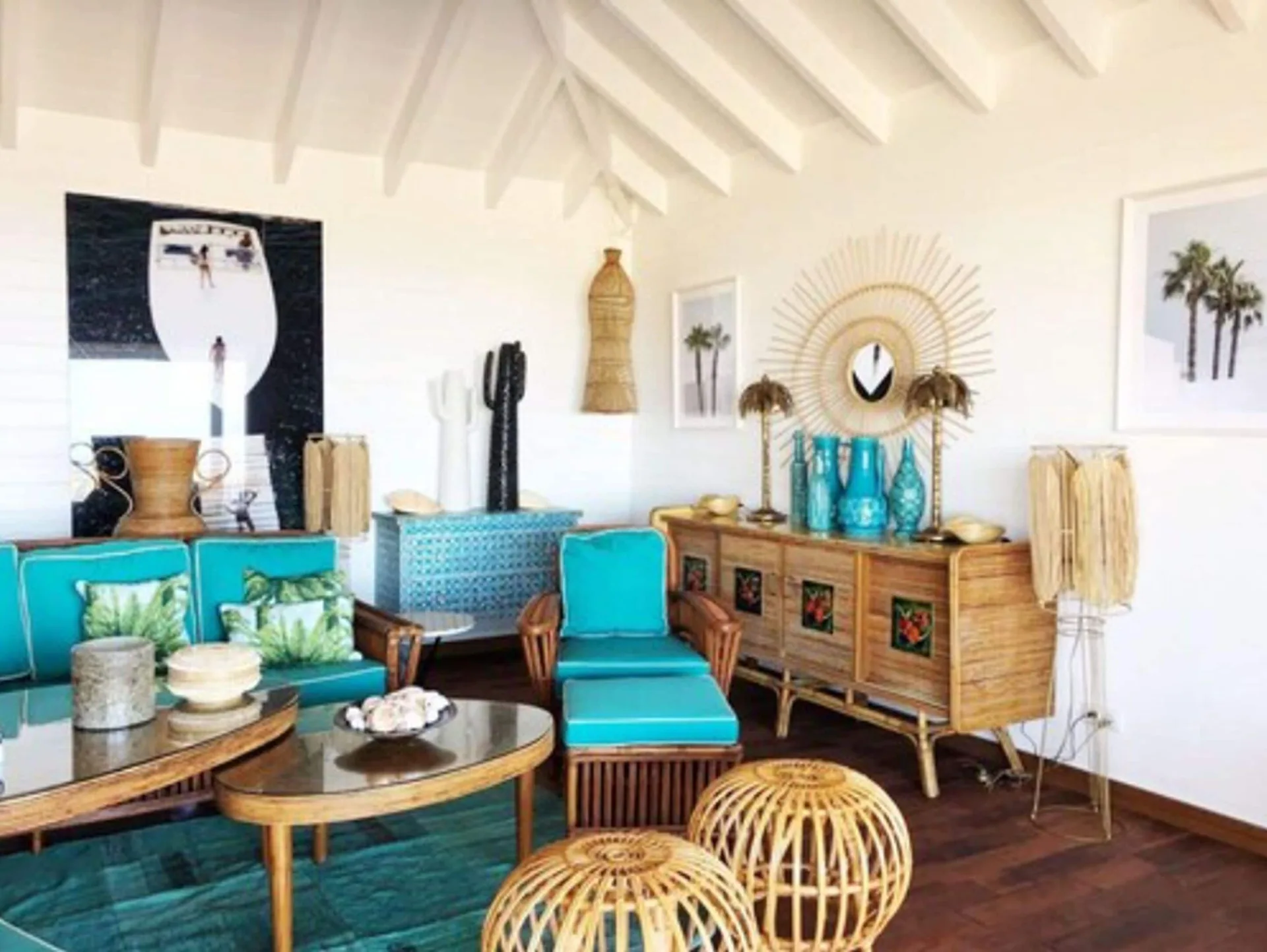 Villa living room with turquoise seating at GYP SEA Saint Barth.