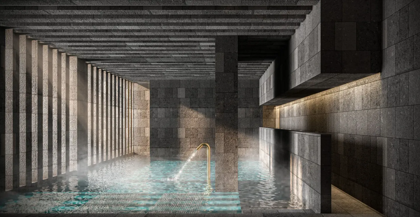 Indoor hydrotherapy pool with stone walls at Hacienda Tres Rios Resort, Spa & Nature Park.