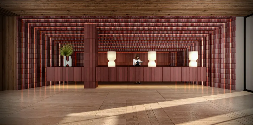 Reception desk with red wall panels at Hacienda Tres Rios Resort, Spa & Nature Park.