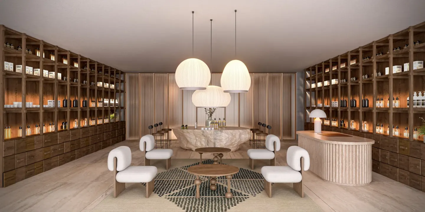 Retail boutique with product shelves and lounge seating at Hacienda Tres Rios Resort, Spa & Nature Park.