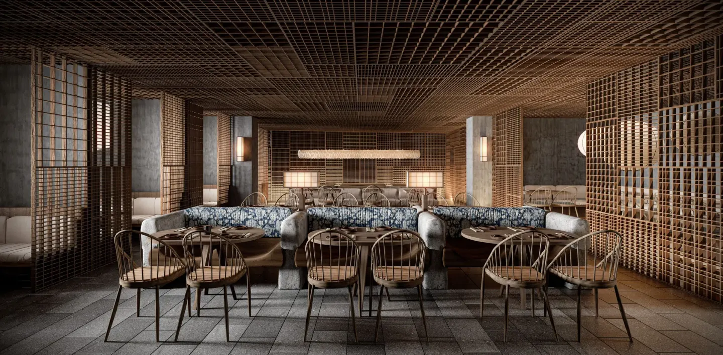 Contemporary dining room with wood lattice screens at Hacienda Tres Rios Resort, Spa & Nature Park.