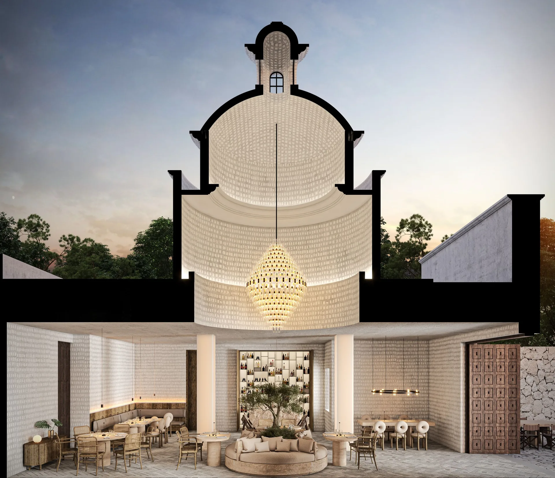 Dramatic lounge and bar beneath a tall vaulted ceiling at Hacienda Tres Rios Resort, Spa & Nature Park.