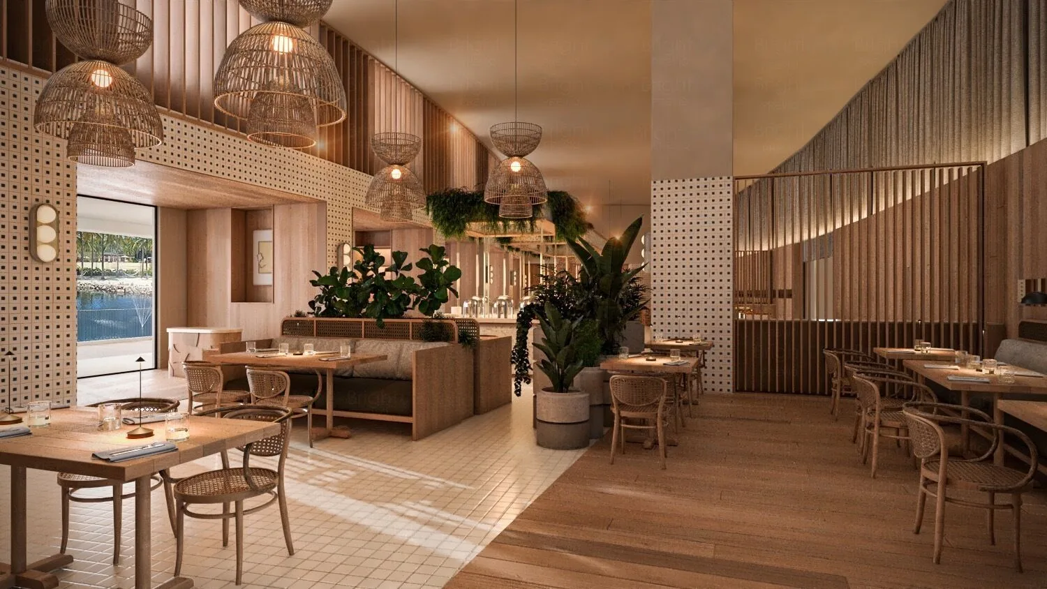 Warm dining room with woven pendant lights at Hacienda Tres Rios Resort, Spa & Nature Park.