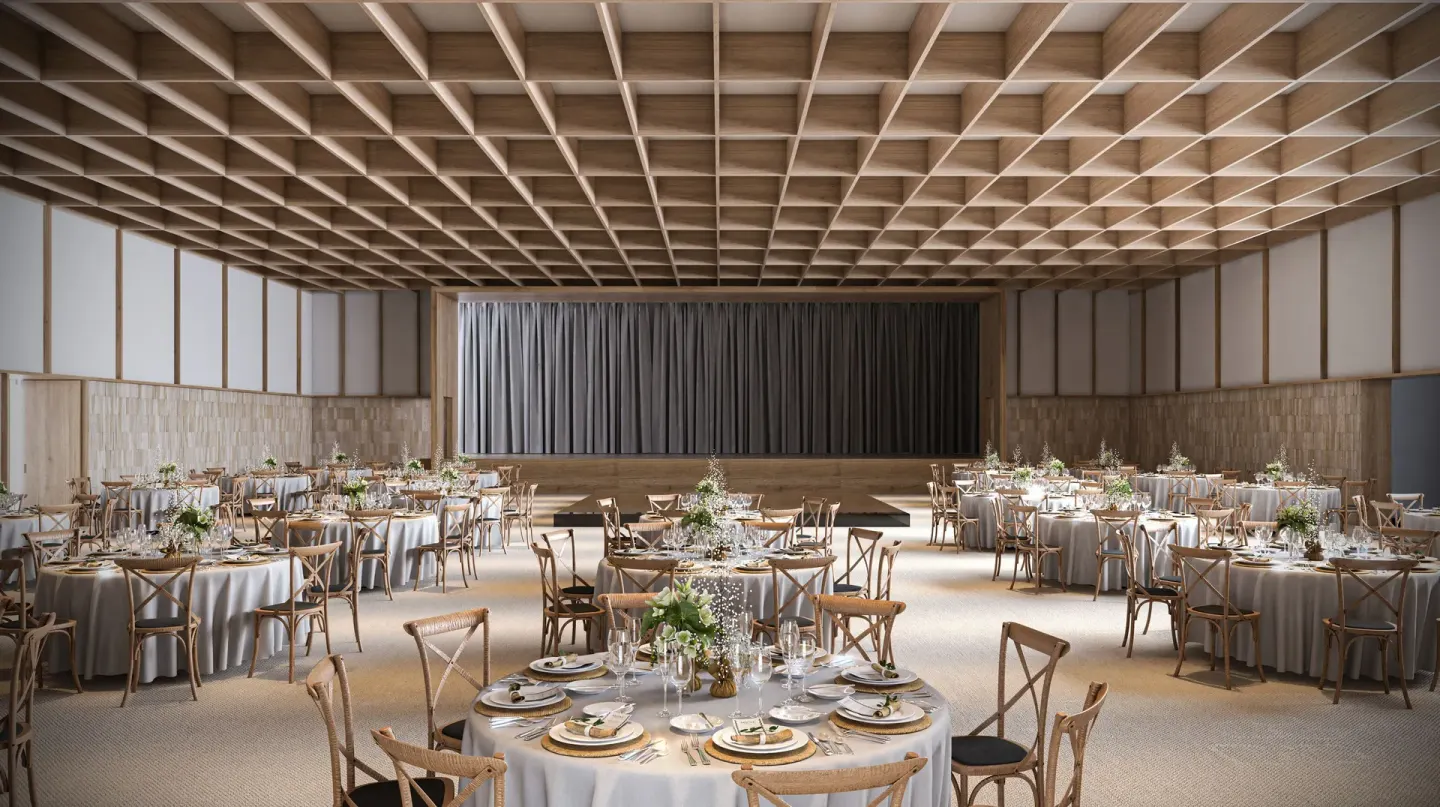 Banquet hall set with round dining tables at Hacienda Tres Rios Resort, Spa & Nature Park.