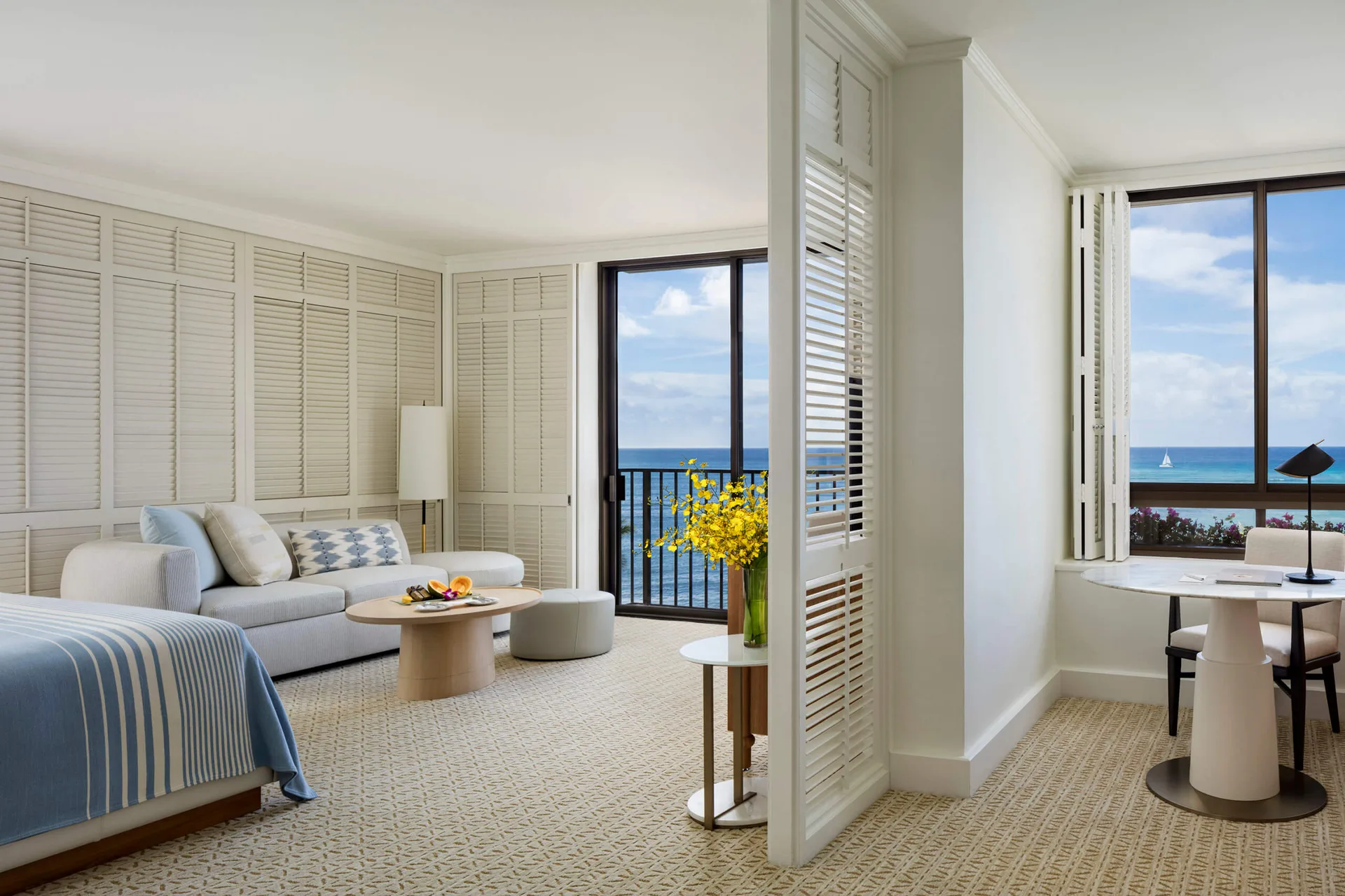 Garden Courtyard room at Halekulani with king bed and tranquil garden courtyard views in Waikiki Beach, Honolulu.