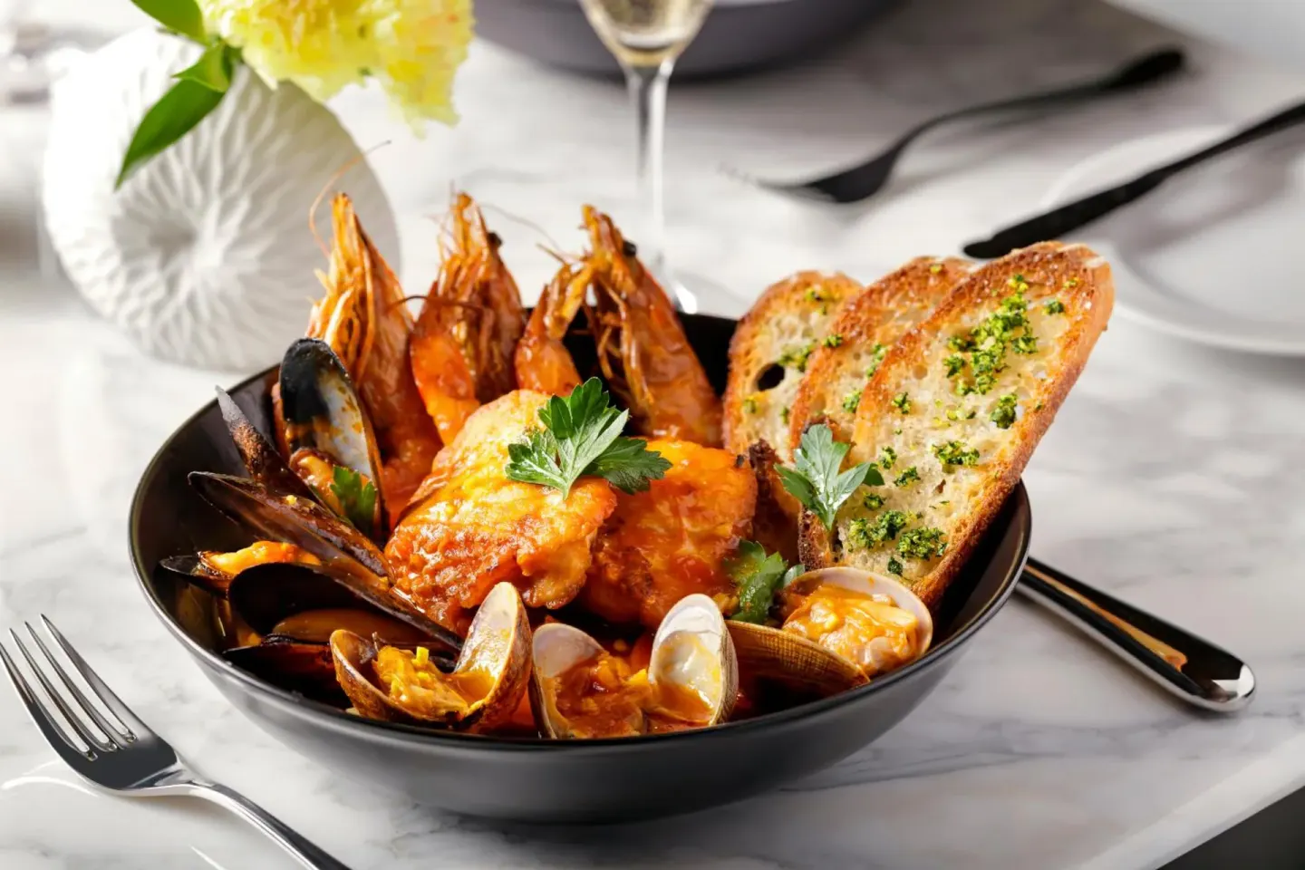 Seafood dish with shellfish and garlic toast at Halepuna Waikiki by Halekulani.