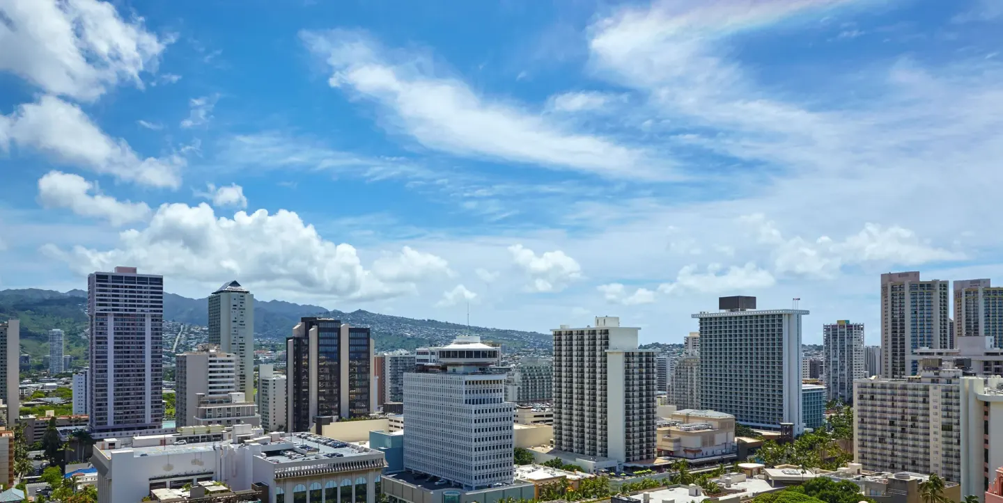 Wide Waikiki skyline and mountain view from Halepuna Waikiki by Halekulani.