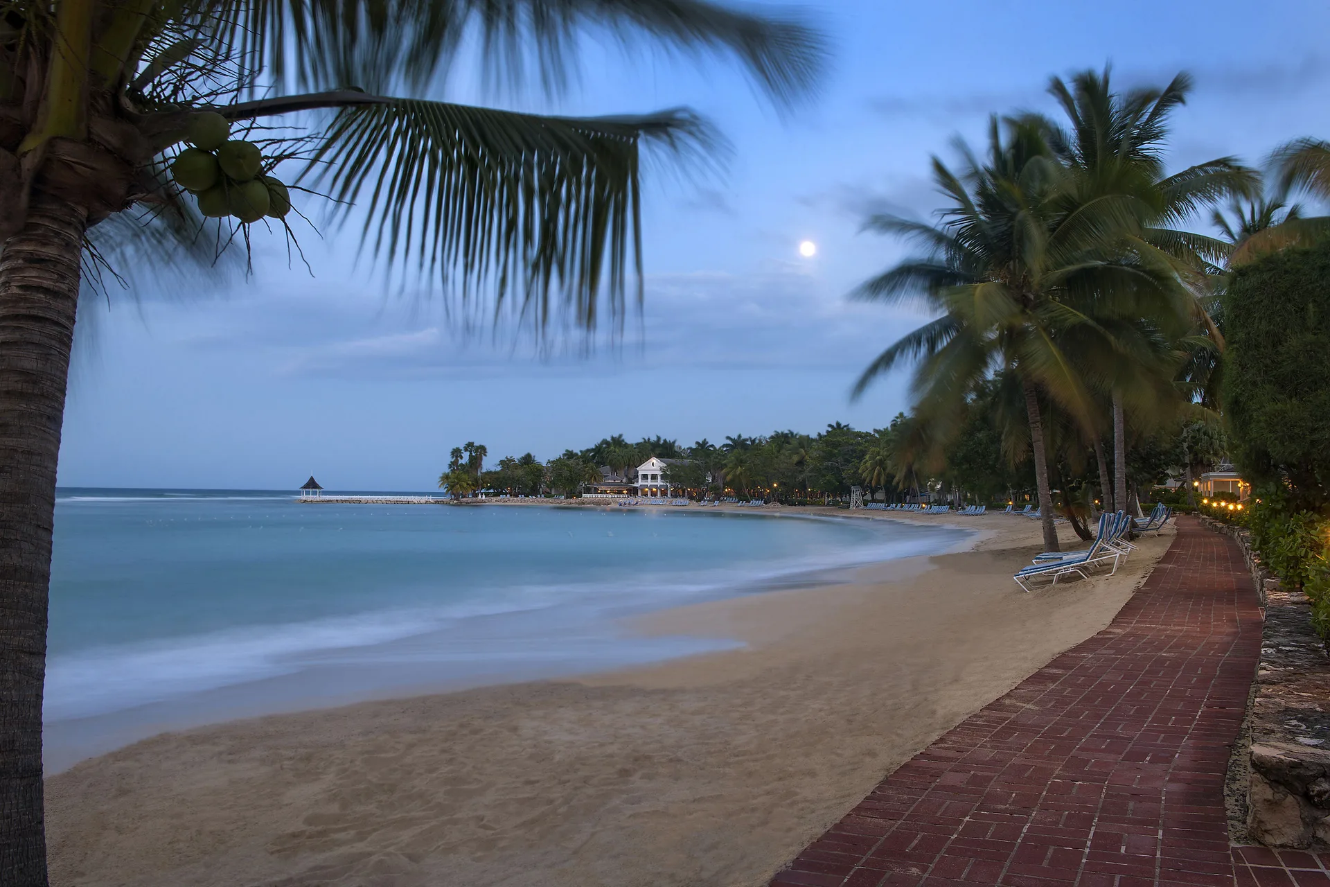 Moonlit beach, palms, lounge chairs and brick walkway at Half Moon.