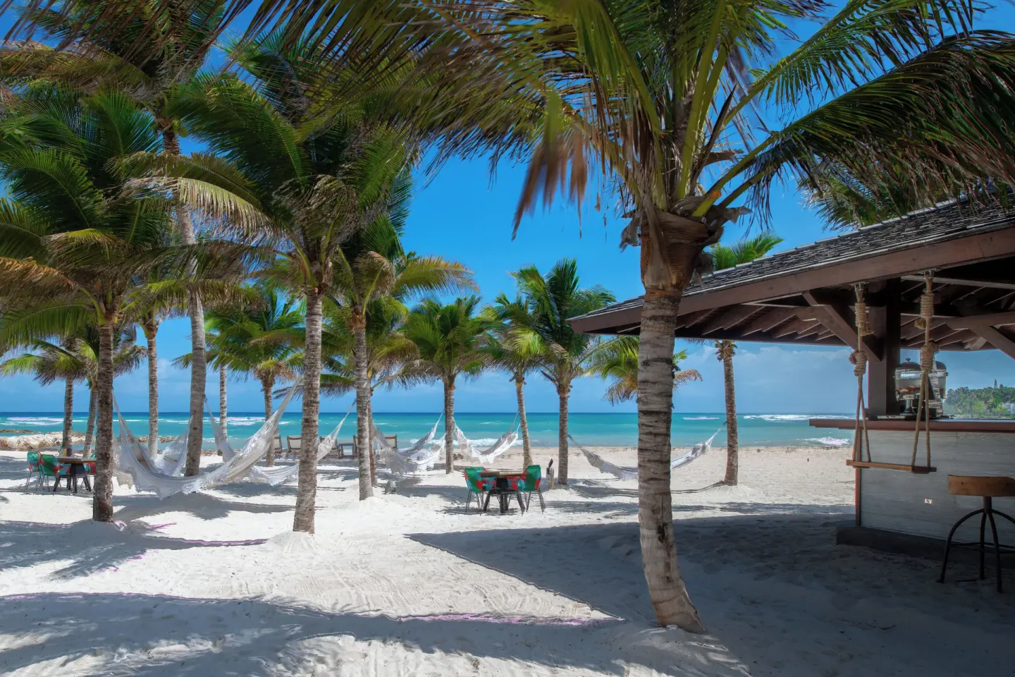 Beach hammocks and palm trees beside a bar structure at Half Moon.