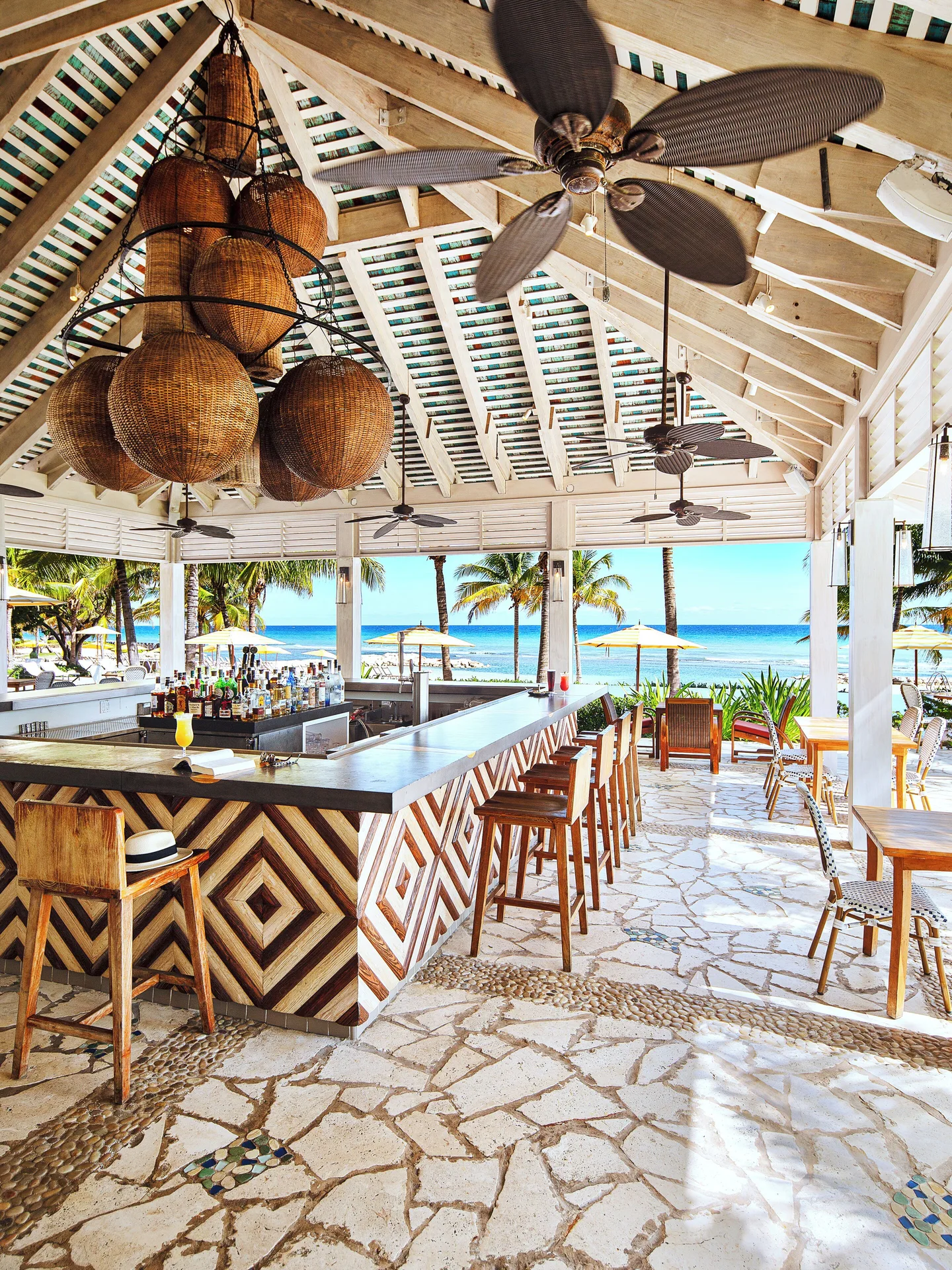 Beach bar with patterned counter and ocean view at Half Moon.