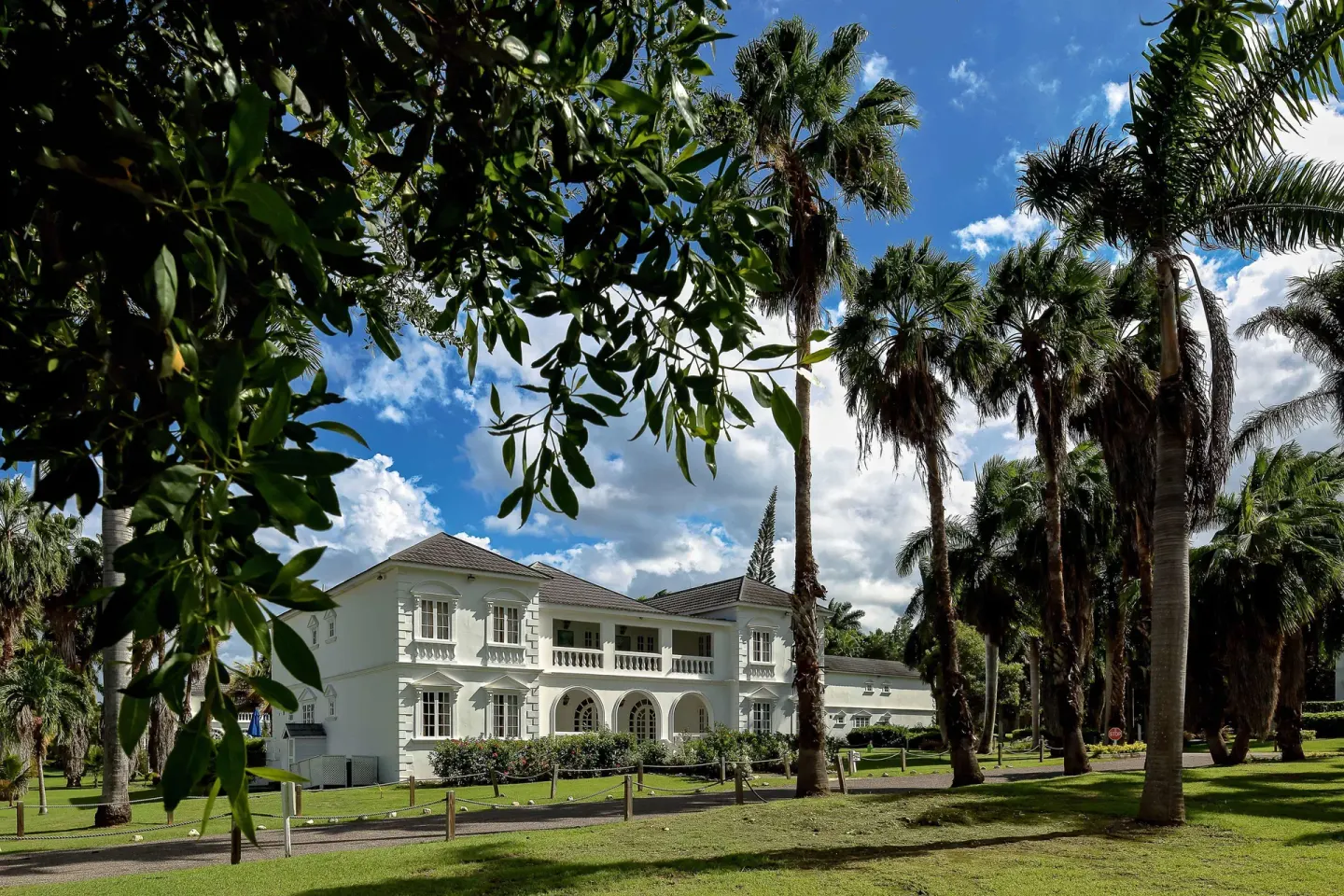 White garden-view villa exterior framed by palms at Half Moon.