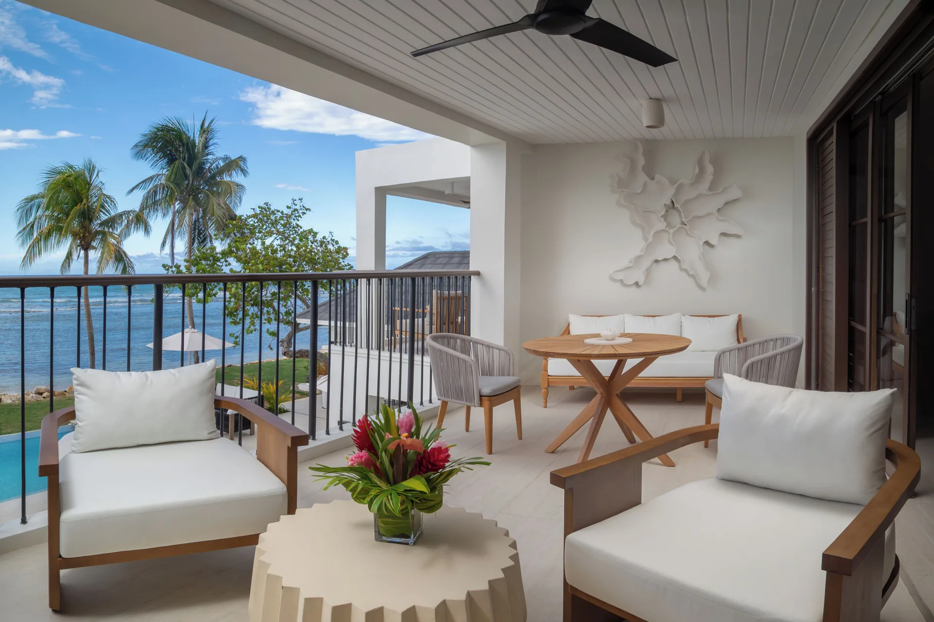 Prestige Ocean Villa terrace with seating and sea view at Half Moon.