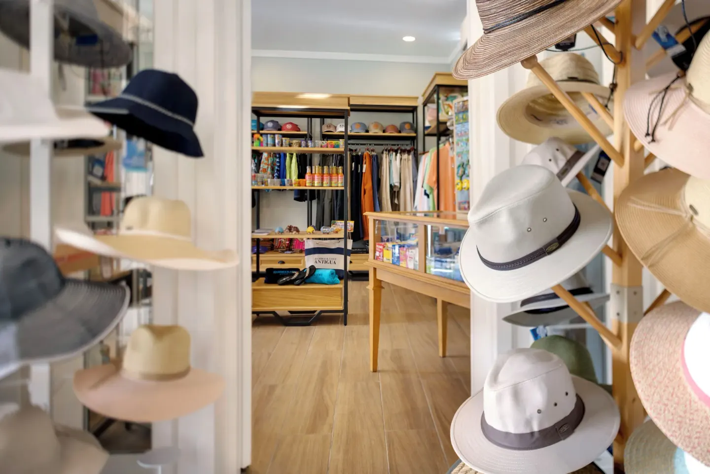 Hat display and resort shop entrance at Hammock Cove Antigua.